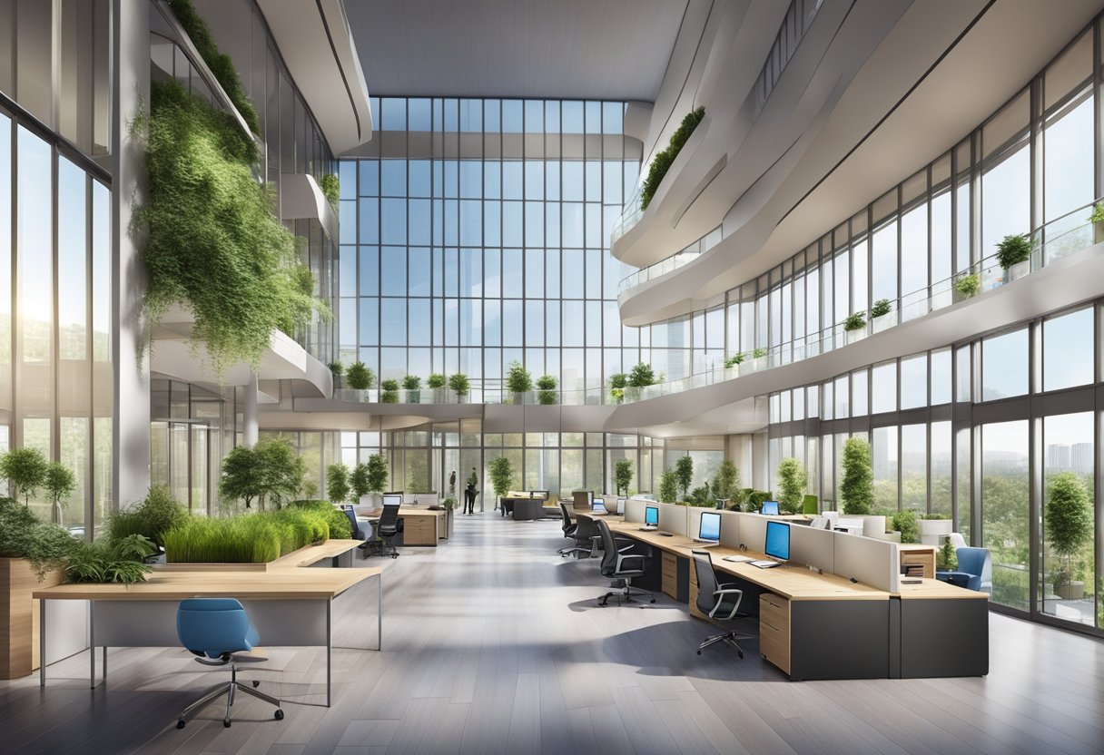 a large office with many computers and plants