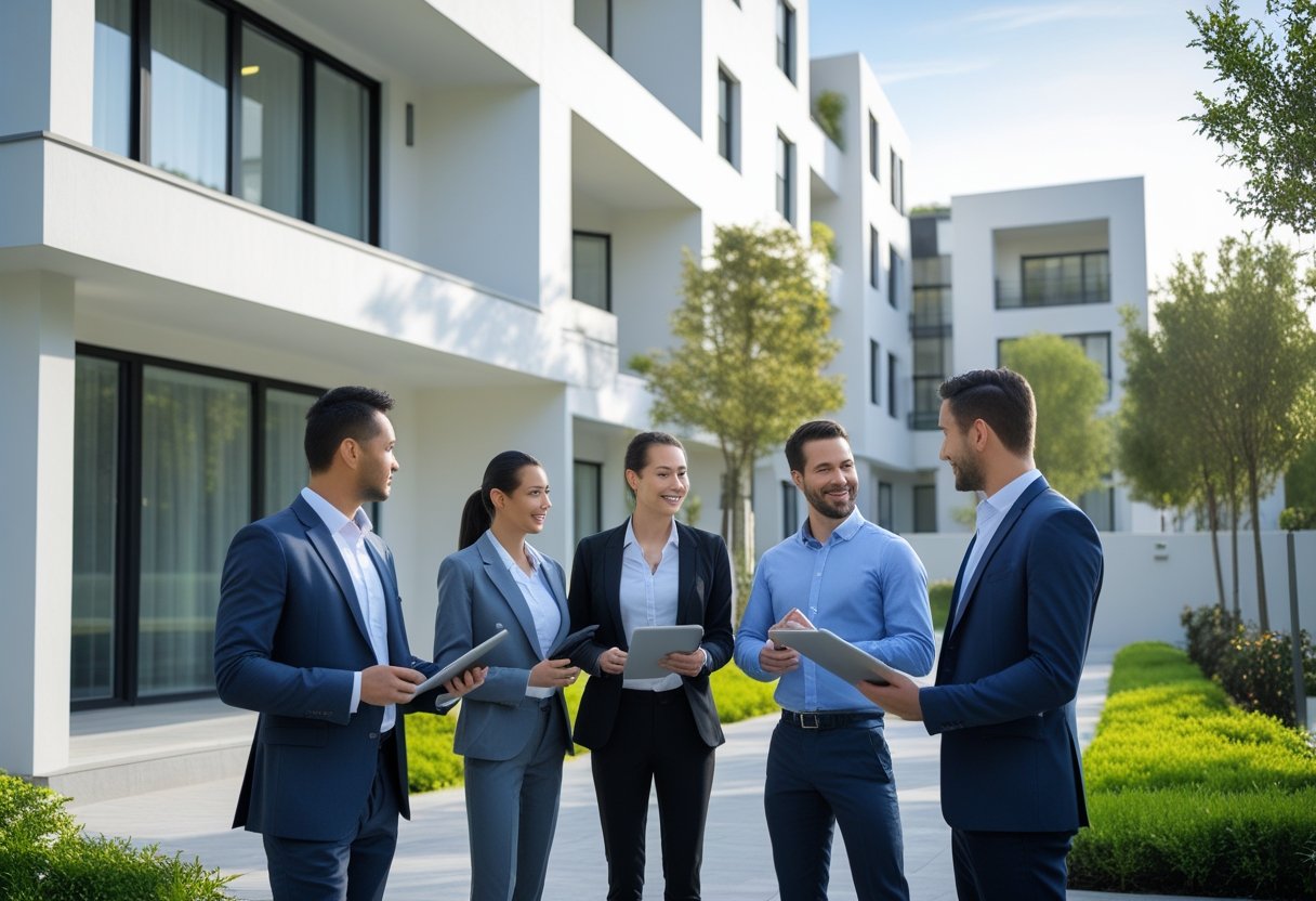 a group of people standing outside a building